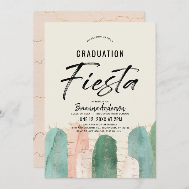 Convites Pink Cactus Graduation Fiesta (Frente/Verso)