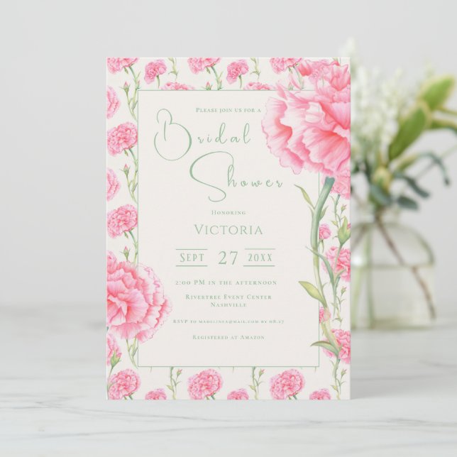 Convites Pink Carnation Floral Bridal Shower Invitation (Em pé/Frente)