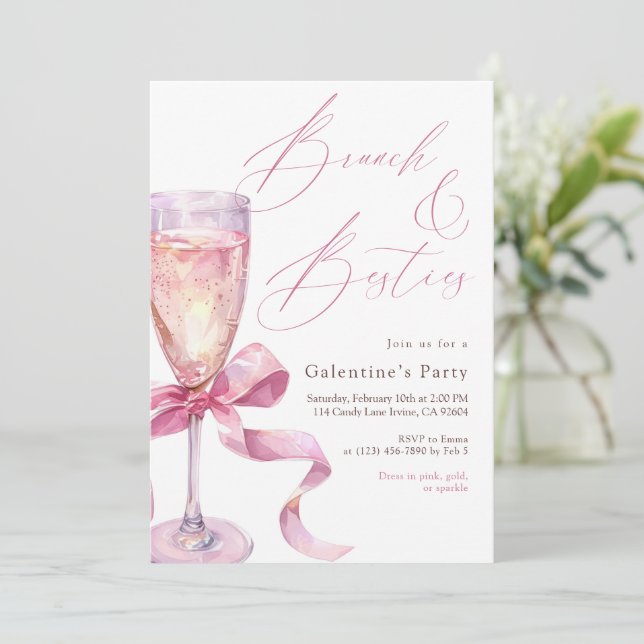 Convites Pink Champagne Bow Brunch & Besties Galentine’s  (Em pé/Frente)