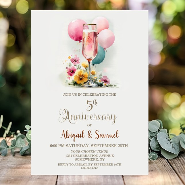 Convites Pink Champagne Glass 5th Wedding Anniversary (Criador carregado)