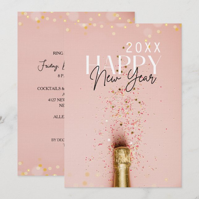 Convites Pink Champagne Happy New Year Party (Frente/Verso)