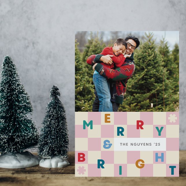 Convites Pink Checkerboard Merry & Bright Christmas Card (Criador carregado)