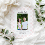 Convites Pink Checkerboard Photo Save the Date<br><div class="desc">These flat Save the Date cards are ready to personalized with your photo,  names,  wedding date and location and feature my pink painted checkerboard pattern in the background with soft pastel pink painted squares and alternating white squares.</div>