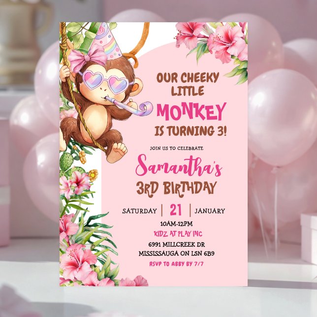 Convites Pink Cheeky Little Monkey Savannah Theme Birthday (Criador carregado)