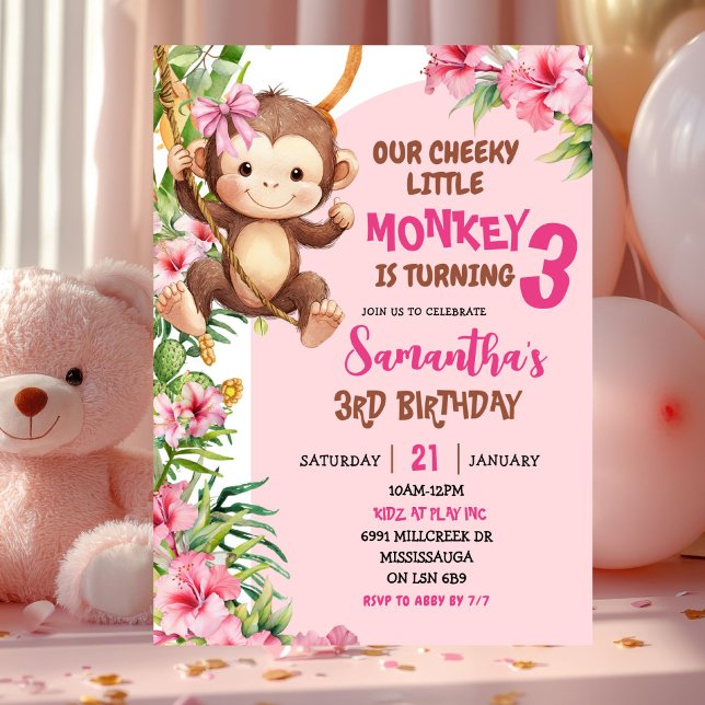 Convites Pink Cheeky Little Monkey Savannah Theme Birthday (Criador carregado)