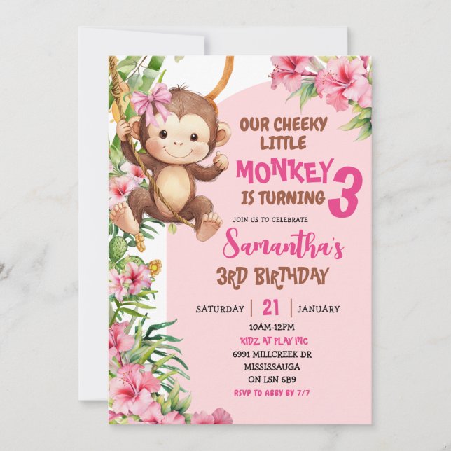 Convites Pink Cheeky Little Monkey Savannah Theme Birthday (Frente)