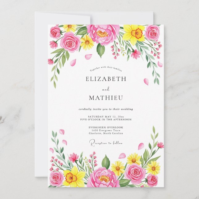 Convites Pink Cheerful Spring Meadow Wedding (Frente)