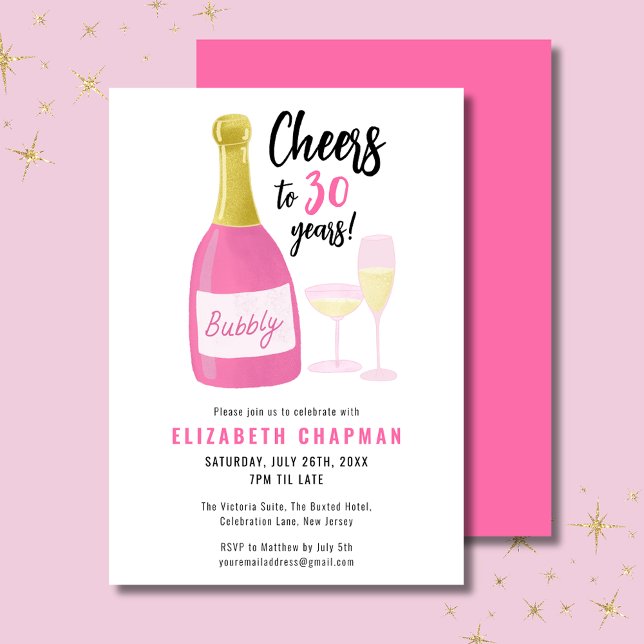 Convites Pink Cheers to 30 anos de festa de aniversário de  (Cheers to 30 years pink champagne  30th birthday invitation.  Full 30th birthday party range.)