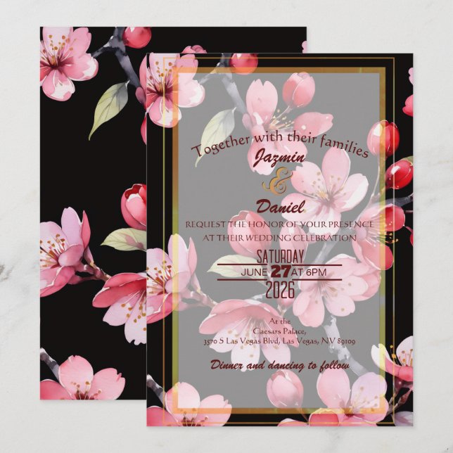 Convites Pink Cherry Blossoms Black Backgroud  Invitation (Frente/Verso)