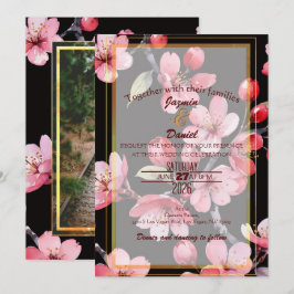 Convites Pink Cherry Blossoms Black Photo Box Invitation