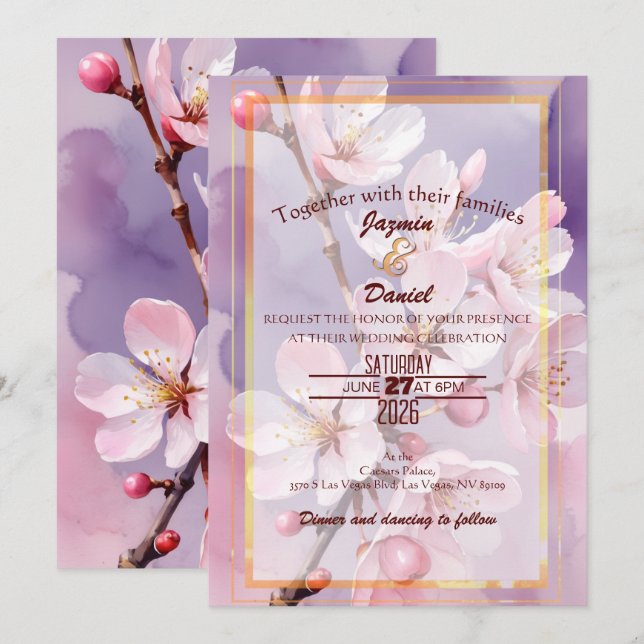 Convites Pink Cherry Blossoms Pink- Lavender Invitation (Frente/Verso)