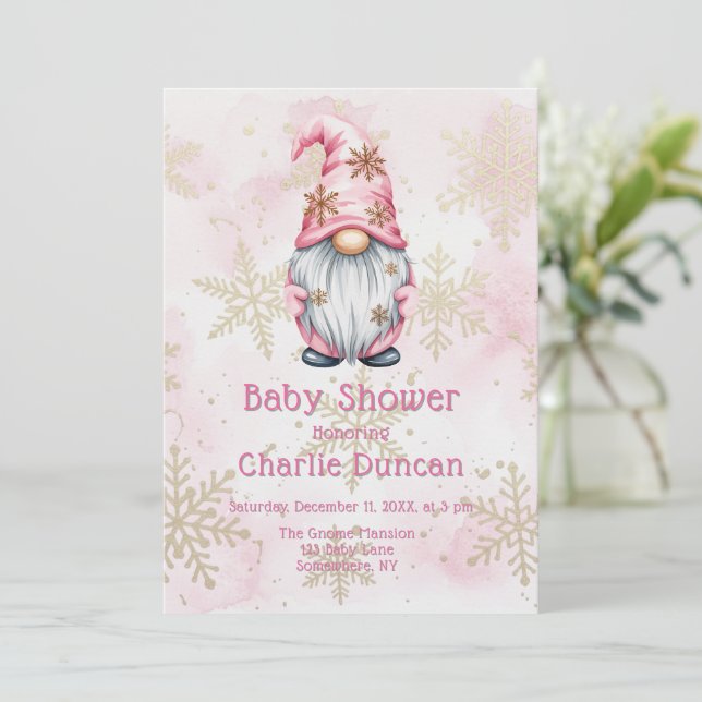 Convites Pink Christmas Gnome Gold Snowflakes Baby Shower (Em pé/Frente)
