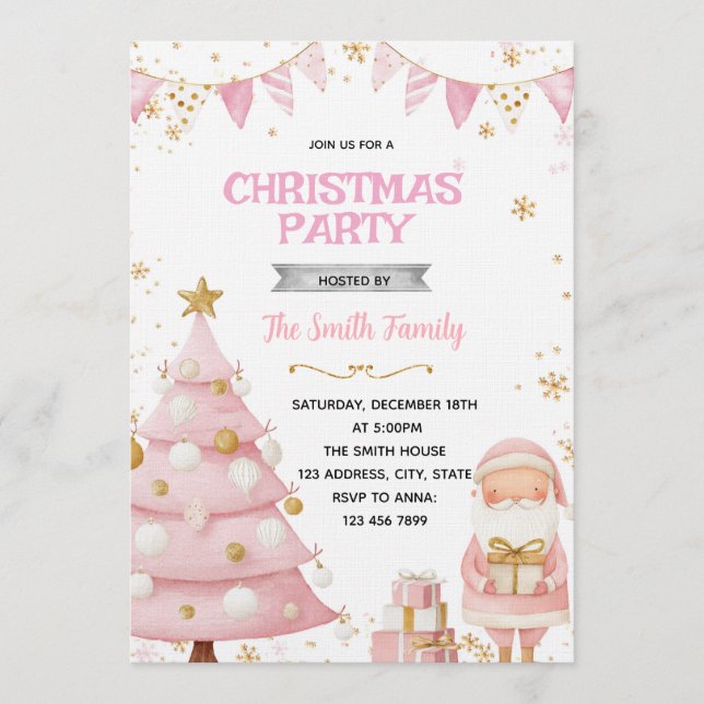 Convites Pink Christmas Party Invitation (Frente)