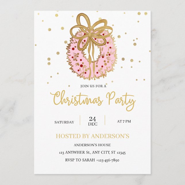 Convites Pink Christmas Wreath With gold bow  (Frente)