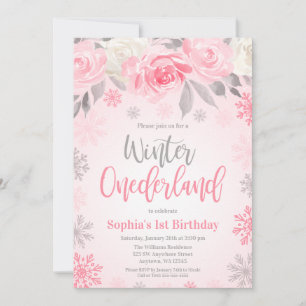 Convites Pink Cinza Floral Winter ONEderland 1º Aniversário