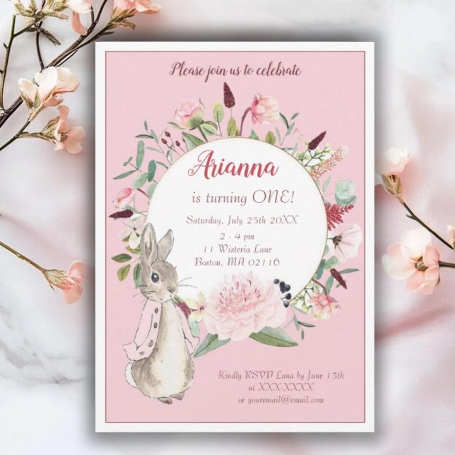 Convites Pink Clássico Peter Rabbit Floral Aniversário (Criador carregado)
