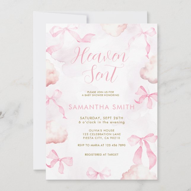 Convites Pink Cloud Bow Baby Shower Invite (Frente)