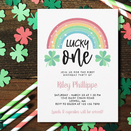 Convites Pink Clover & Rainbow Lucky One First Birday