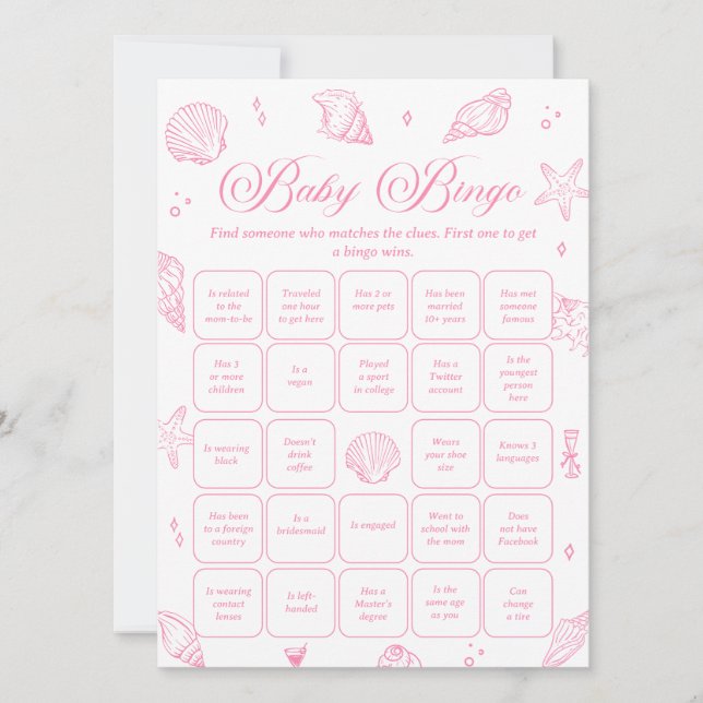 Convites Pink Coastal Baby Shower Find the Guest Bingo Game (Frente)
