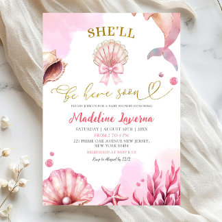 Convites Pink Coastal She'll Be Here Soon Baby Shower