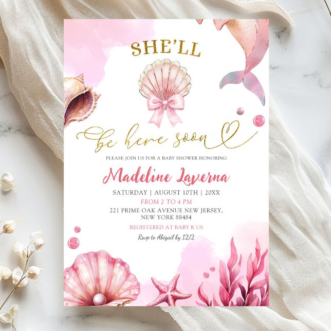 Convites Pink Coastal She'll Be Here Soon Baby Shower (Criador carregado)