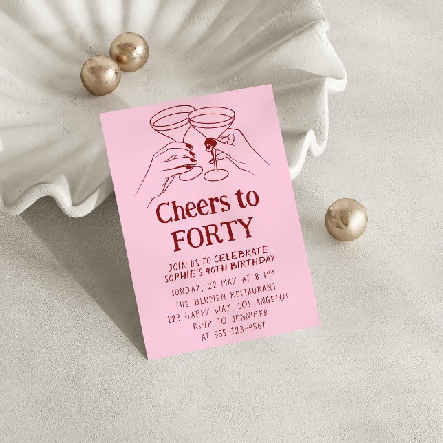 Convites Pink Cocktail “Cheers to Forty 40th Birthday (Criador carregado)