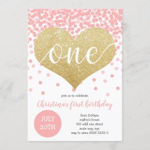 Convites Pink Confetti Dourado Heart ONE Girl Primeiro Aniv
