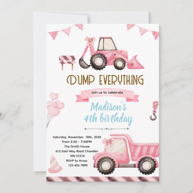 Convites Pink Construction Birthday Invitation (Frente)
