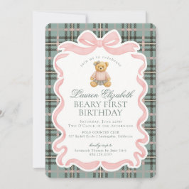 Convites Pink Coquette Bow Bear Beary First Birthday