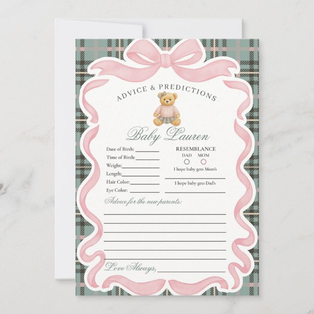 Convites Pink Coquette Bow Bear Girl Advice for Baby Card (Frente)