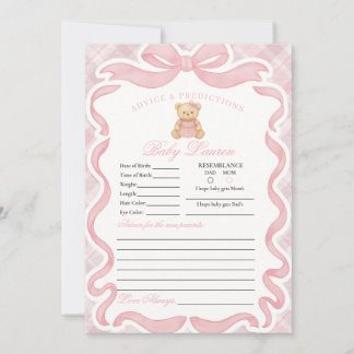 Convites Pink Coquette Bow Bear Girl Advice for Baby Card