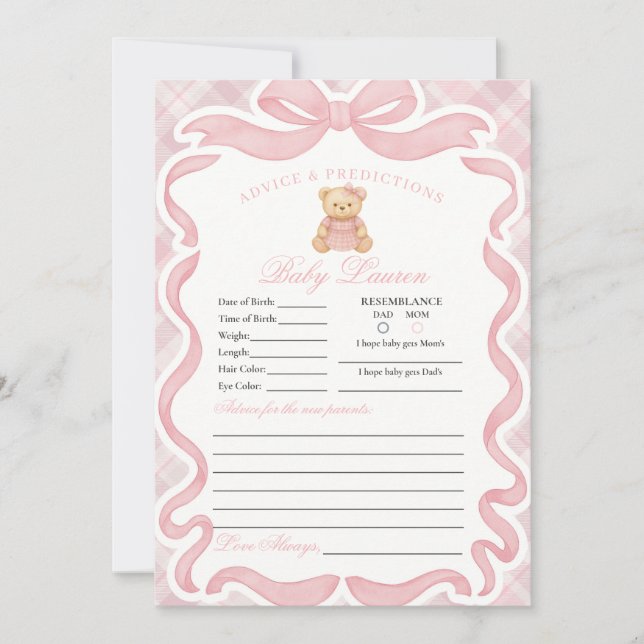 Convites Pink Coquette Bow Bear Girl Advice for Baby Card (Frente)