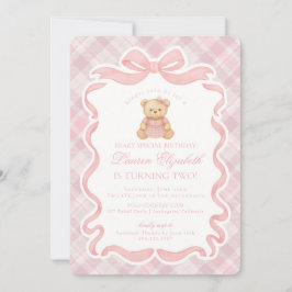 Convites Pink Coquette Bow Bear Tartan Plaid Birthday