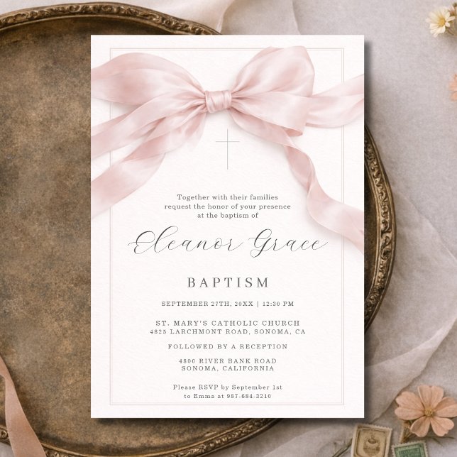 Convites Pink Coquette Bow Girl Baptism (Criador carregado)