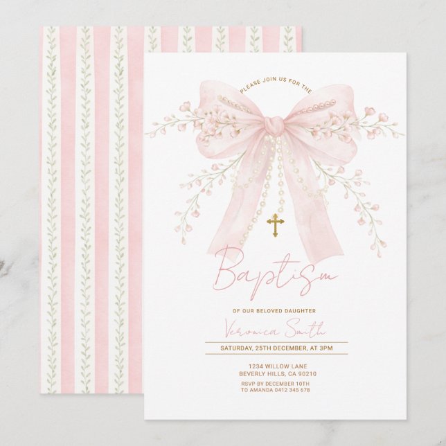 Convites Pink Coquette Bow Pearls Baptism Christening (Frente/Verso)