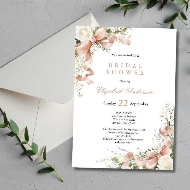 Convites Pink Coquette Bow Watercolor Floral Bridal Shower (Pink Coquette Bow, White Florals Bridal Shower invitation. Printed or Digital)