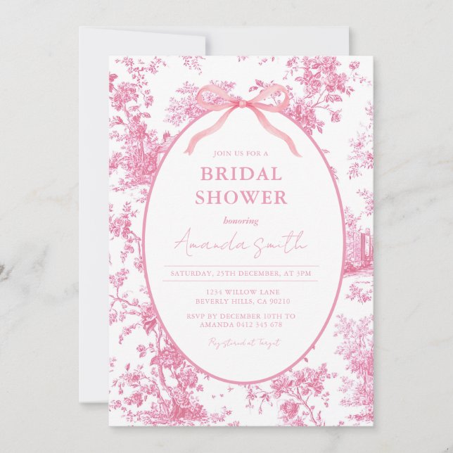 Convites Pink Coquette Floral Toile Bridal Shower (Frente)