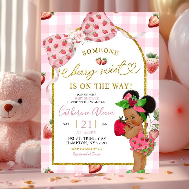 Convites Pink Coquette Gingham Strawberry Sweet Baby Shower (Criador carregado)