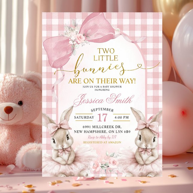 Convites Pink Coquette Gingham Twin Bunnies Baby Shower (Criador carregado)