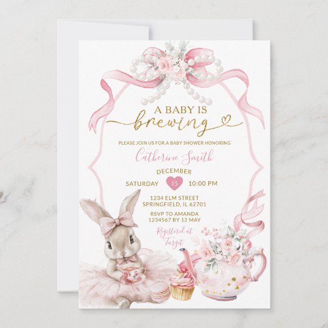 Convites Pink Coquette Pearl Brewing Bunny Girl Baby Shower (Frente)