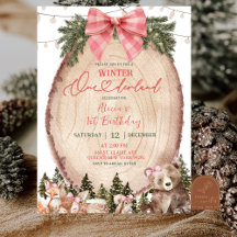 Pink Coquette Rustic Winter Forest 1st Birthday 