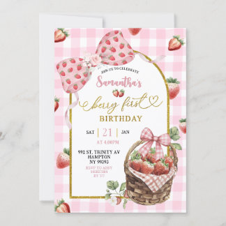 Convites Pink Coquette Strawberry Gingham First Birthday