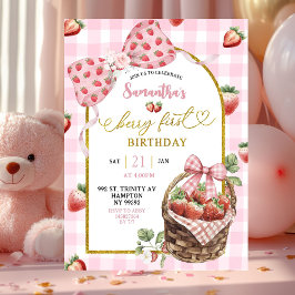 Convites Pink Coquette Strawberry Gingham First Birthday