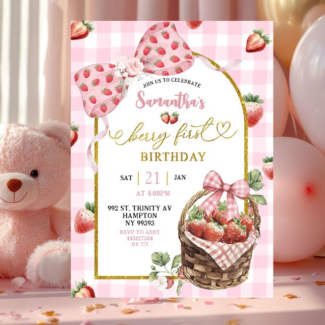 Convites Pink Coquette Strawberry Gingham First Birthday (Criador carregado)