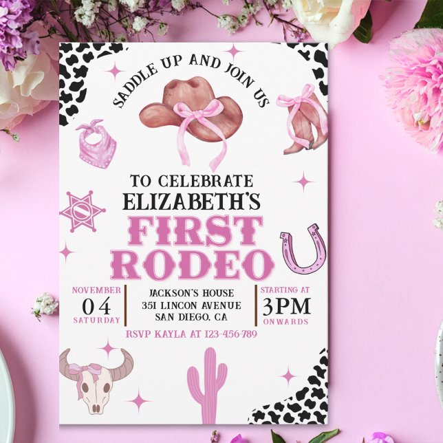 Convites Pink Cowgirl First Rodeo Birthday Western Party  (Criador carregado)