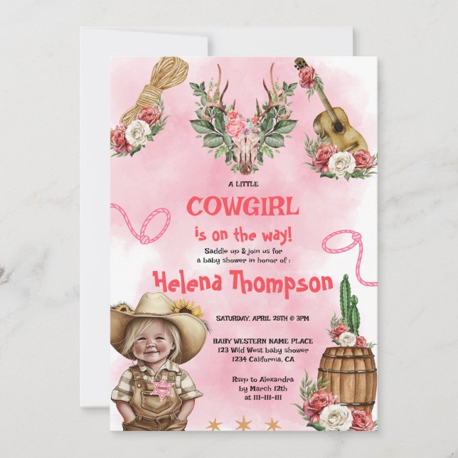 Convites Pink Cowgirl Western Baby Shower  (Frente)