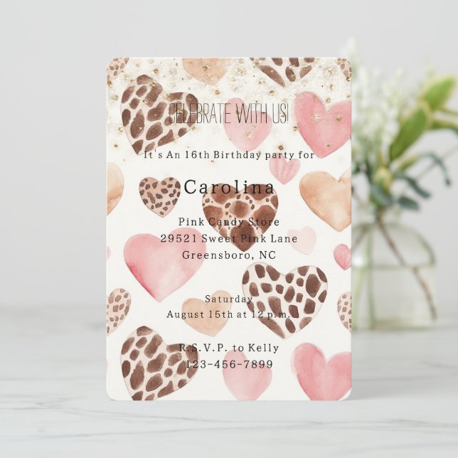 Convites Pink Cream Animal Hearts Gold Sparkle Birthday (Em pé/Frente)