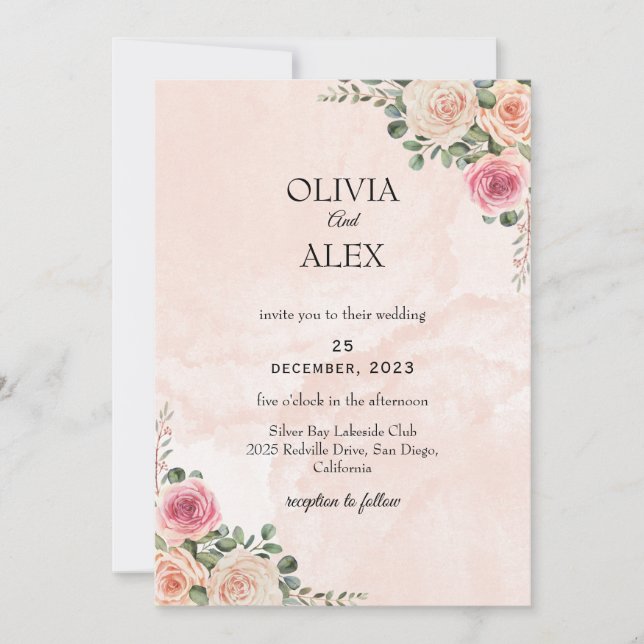 Convites Pink Cream Floral Elegant Wedding Invitation (Frente)