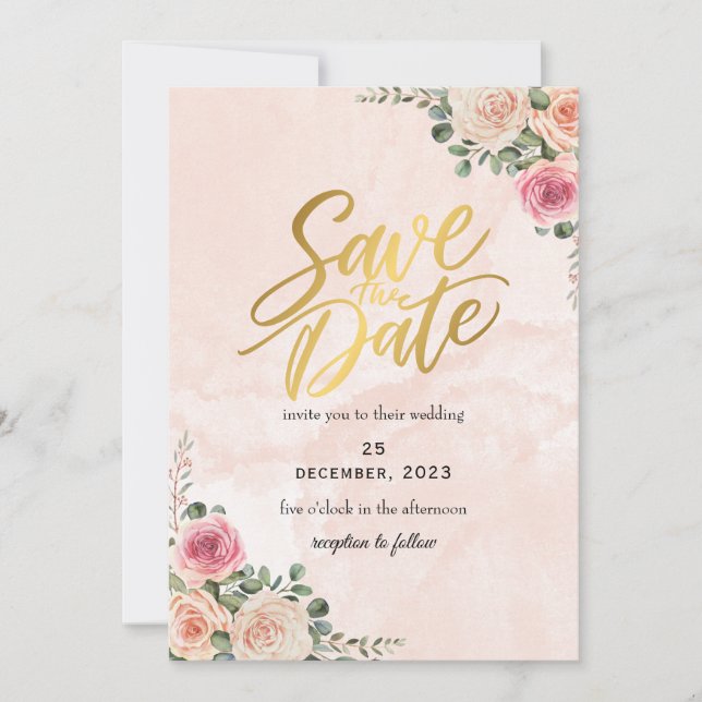 Convites Pink Cream Floral Elegant Wedding Save the Date  (Frente)