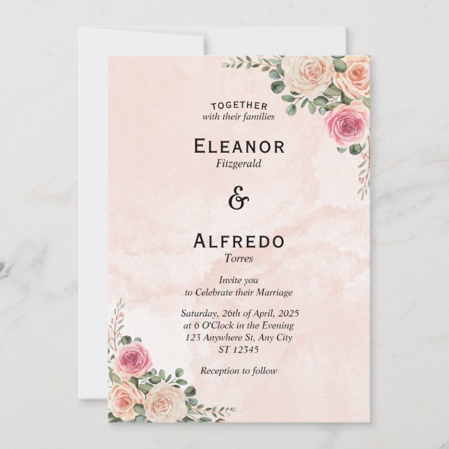 Convites Pink Cream Floral Vintage Wedding Invitation (Frente)